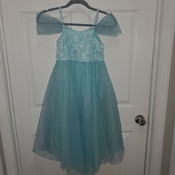 REVOLUTION DANCE Blue Off-the-Shoulder Flutter Sleeve Sequin LEOTARD DRESS XLC - Picture 1 of 7